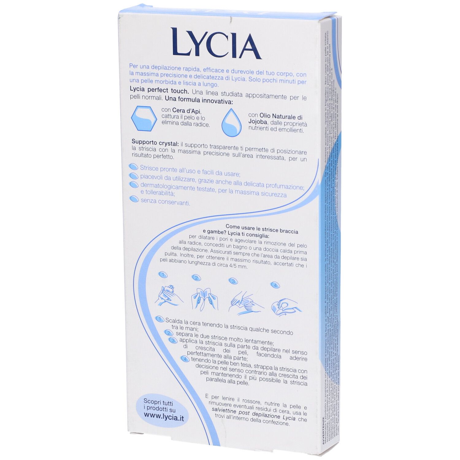 Retro della confezione LYCIA. Testo sugli ingredienti e l'uso. Illustrazioni dell'applicazione. Contiene 20 strisce.