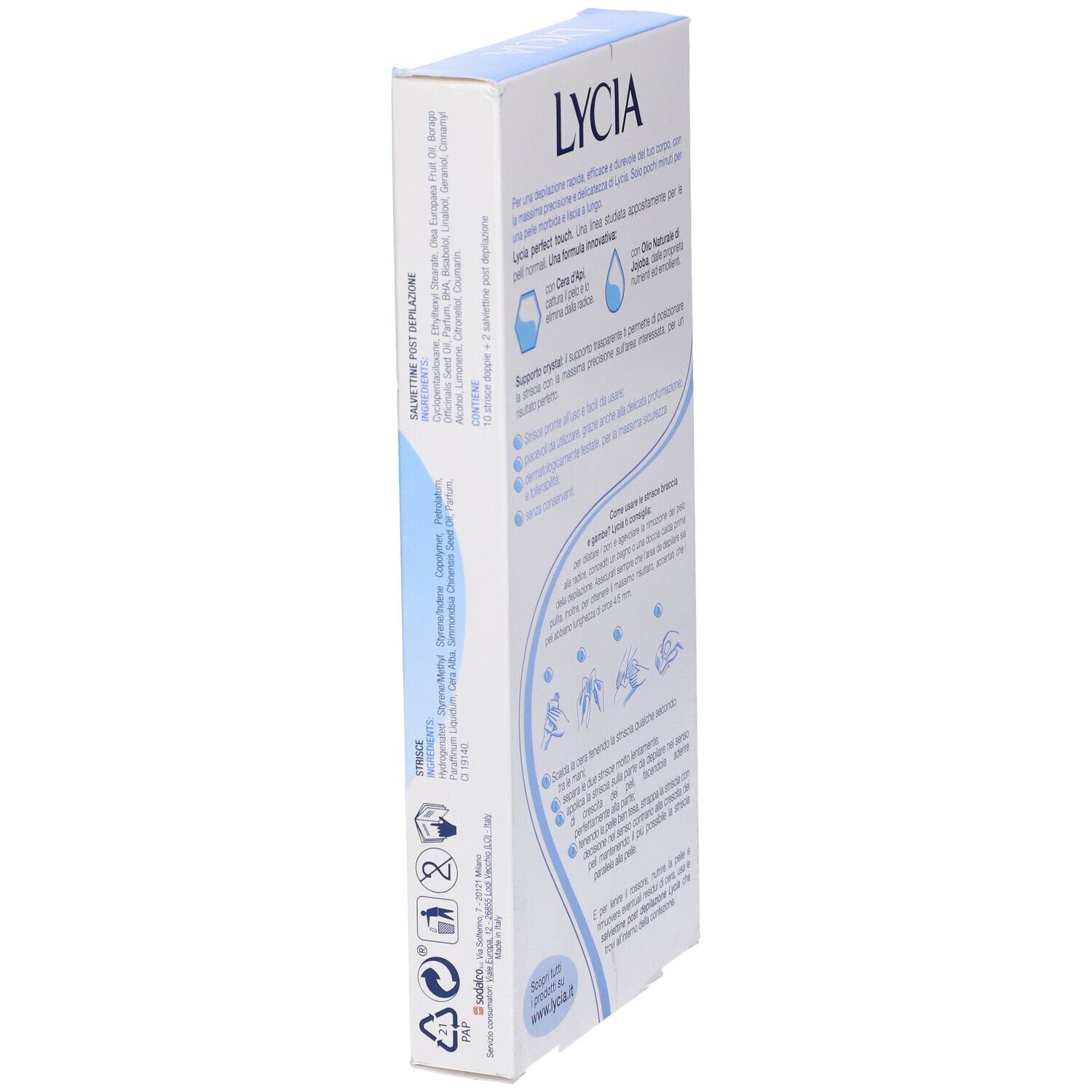 Vista laterale della confezione LYCIA. Testo sugli ingredienti e l'uso. Contiene 20 strisce. Simboli di riciclaggio.
