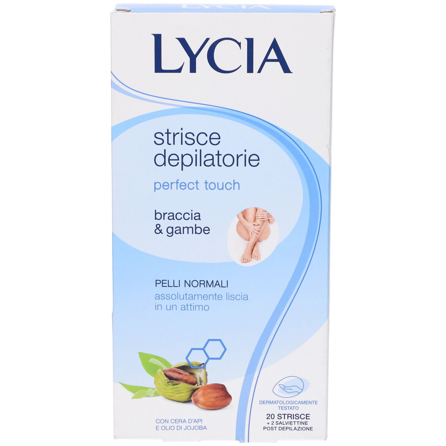 Confezione LYCIA. Scritto: Strisce depilatorie, perfect touch, braccia & gambe. Contiene 20 strisce e 2 salviettine.