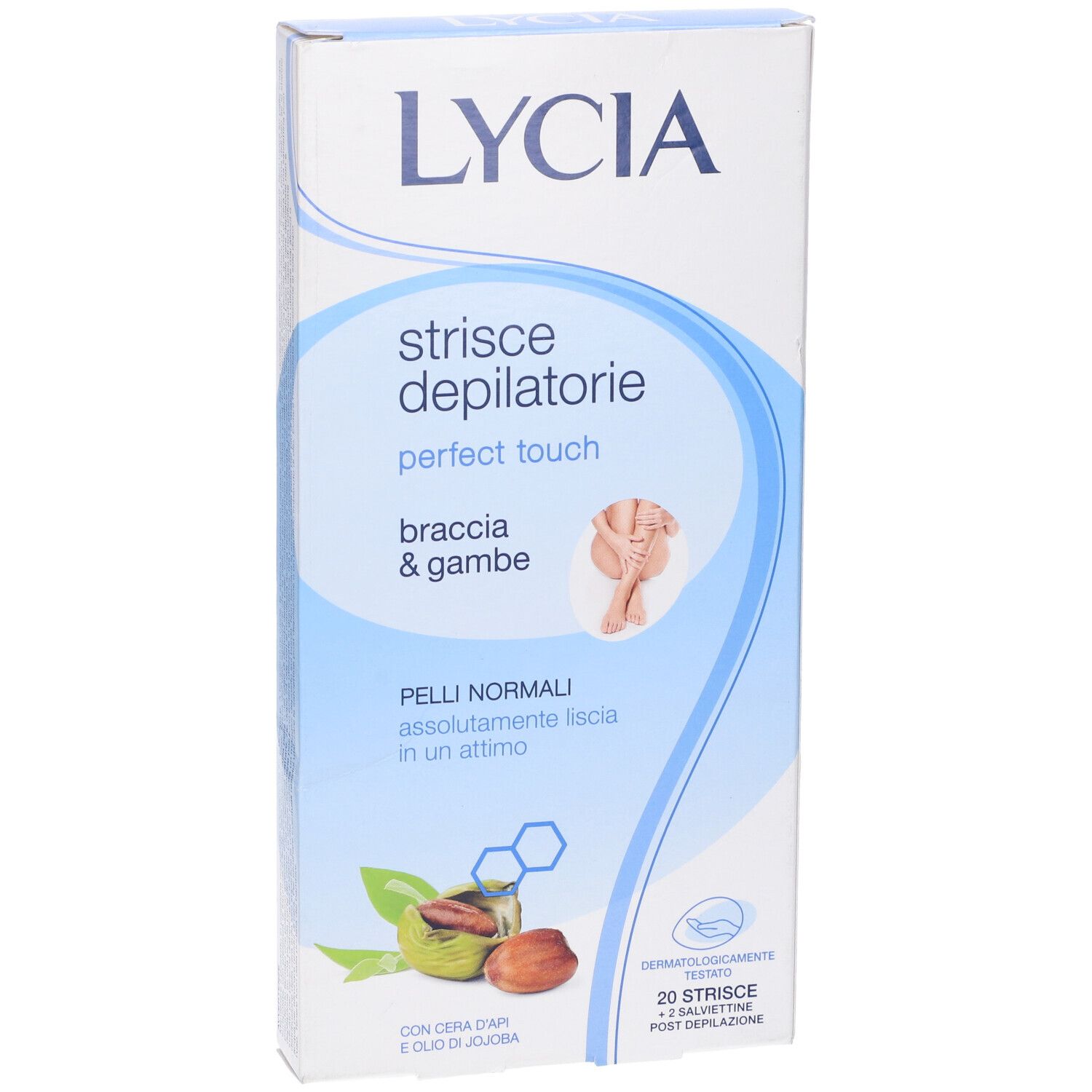 Confezione LYCIA. Scritto: Strisce depilatorie, perfect touch, braccia & gambe. Contiene 20 strisce e 2 salviettine.