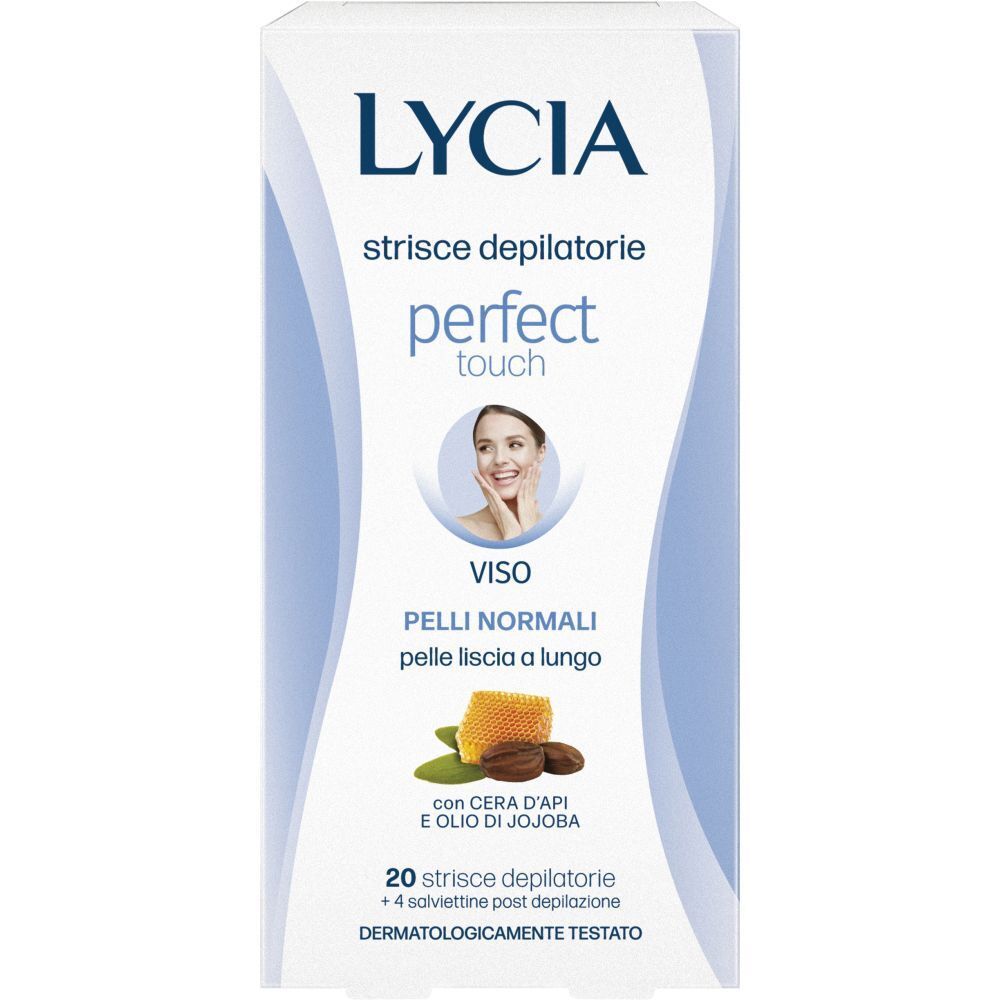 Confezione prodotto. Scritte: LYCIA, perfect touch, 20 strisce depilatorie viso, 4 salviettine.
