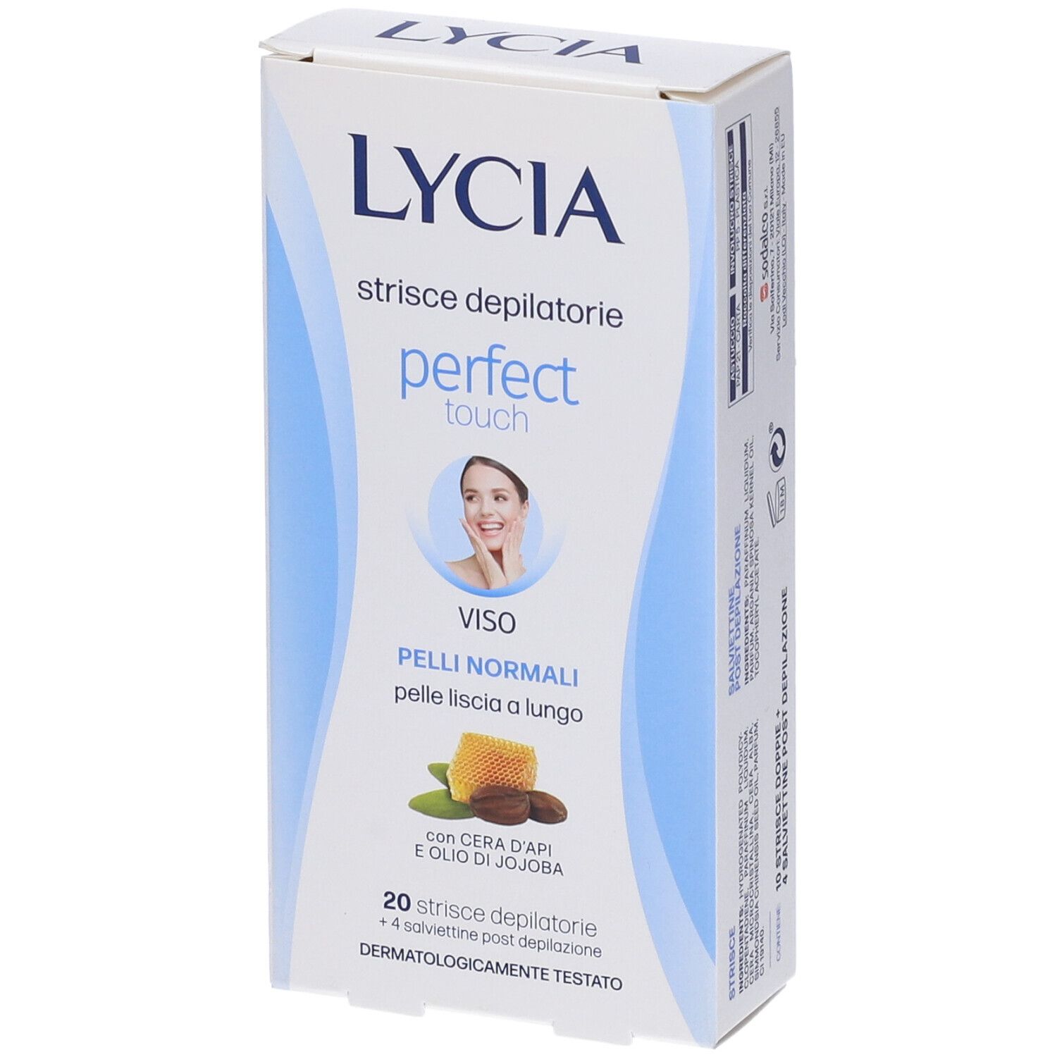 Confezione prodotto. Scritte: LYCIA, perfect touch, 20 strisce viso, 4 salviettine. Vista laterale.