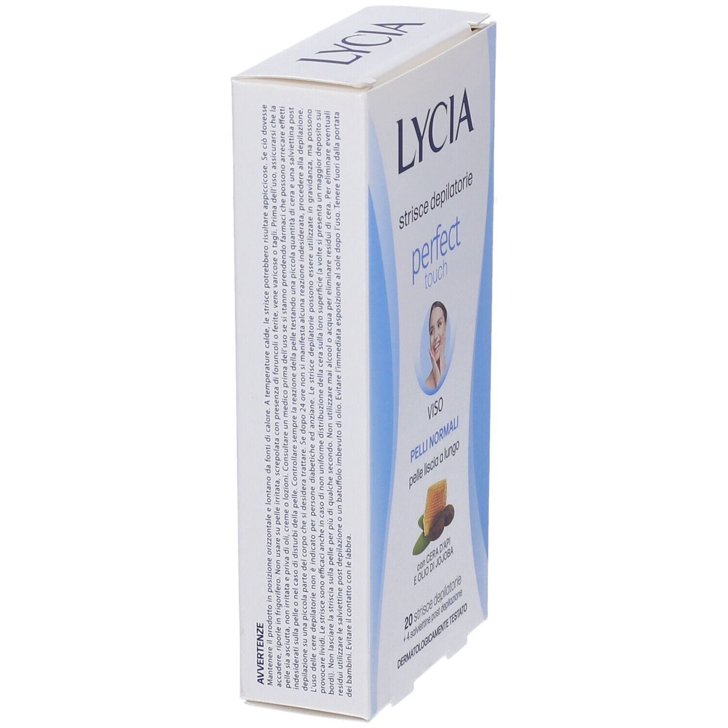 Confezione prodotto. Scritte: LYCIA, perfect touch, 20 strisce viso, 4 salviettine. Vista laterale.