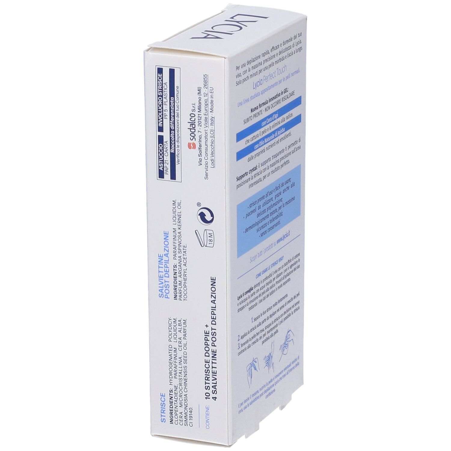 Confezione prodotto. Scritte: LYCIA, perfect touch, 20 strisce viso, 4 salviettine. Vista laterale.