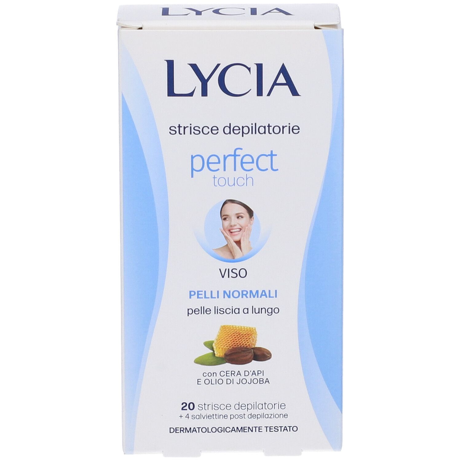 Confezione prodotto. Scritte: LYCIA, perfect touch, 20 strisce viso, 4 salviettine. Vista laterale.
