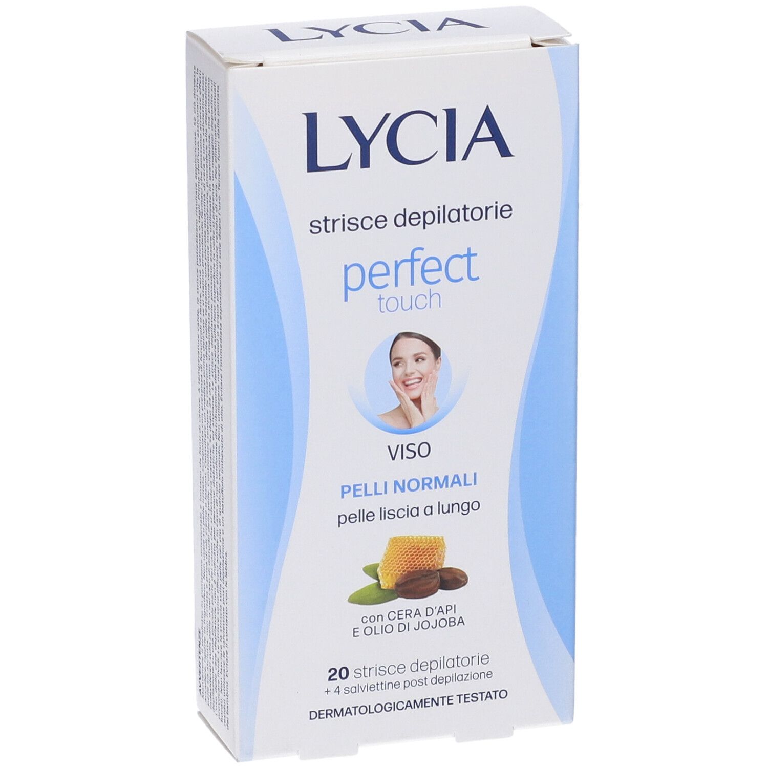 Confezione prodotto. Scritte: LYCIA, perfect touch, 20 strisce depilatorie viso, 4 salviettine.