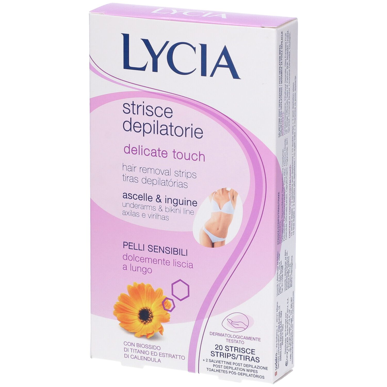 Confezione di strisce depilatorie LYCIA, 'delicate touch', per ascelle e inguine. 20 strisce. Testato dermatologicamente.