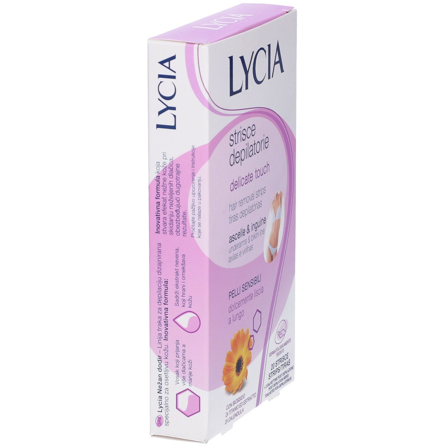 Confezione di strisce depilatorie LYCIA, 'delicate touch', per ascelle e inguine. 20 strisce. Testato dermatologicamente.