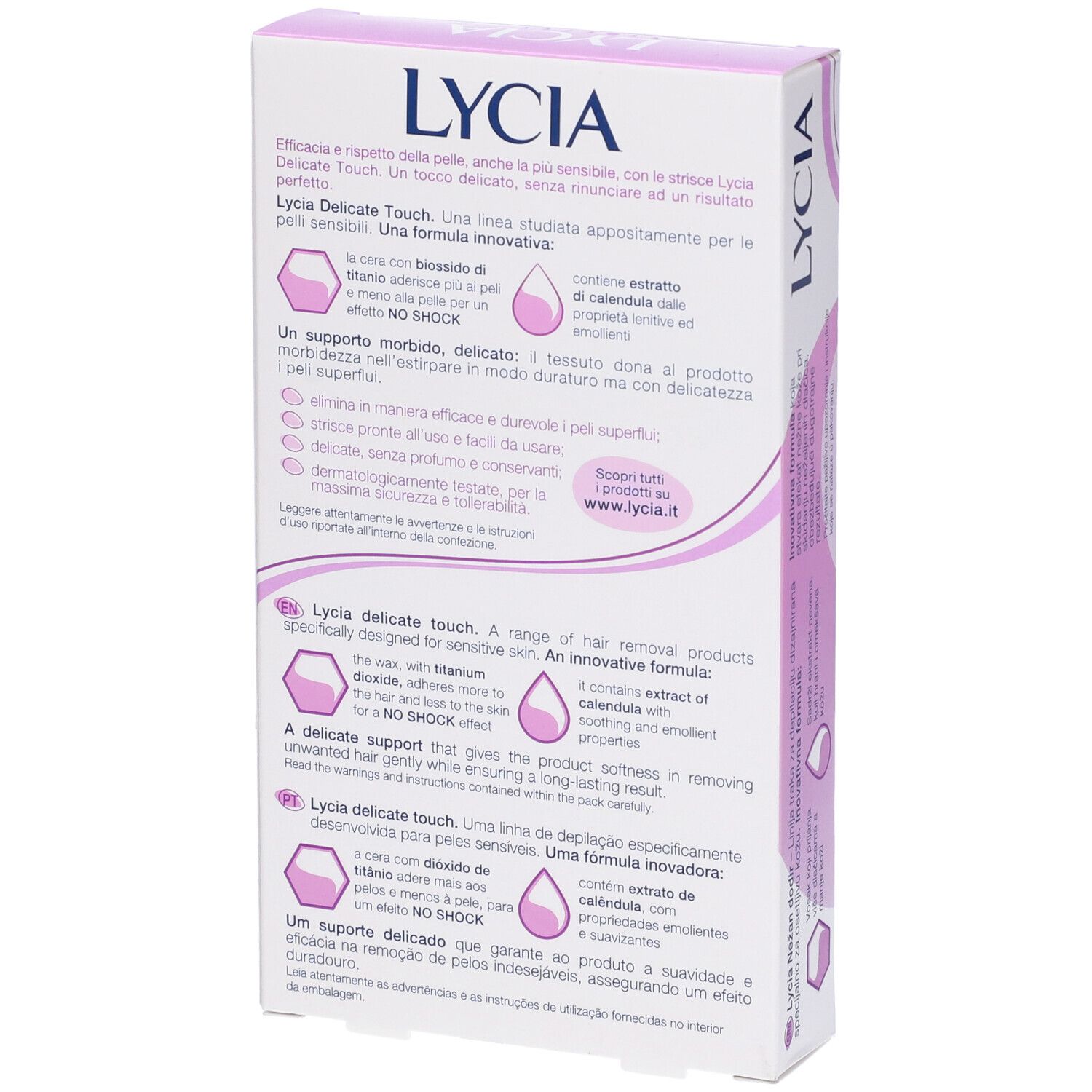 Retro della confezione con informazioni sul prodotto. Marchio LYCIA. Testo multilingue. Ingredienti e istruzioni.