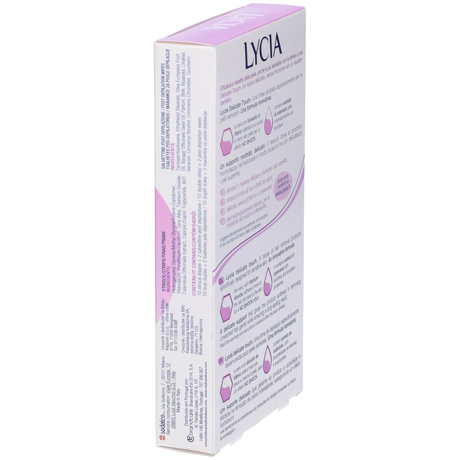 Retro della confezione con informazioni sul prodotto. Marchio LYCIA. Testo multilingue. Ingredienti e istruzioni.