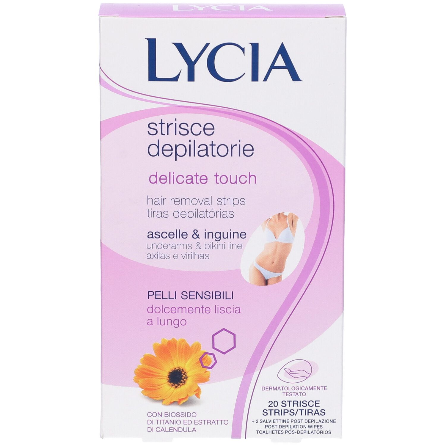 Confezione di strisce depilatorie LYCIA, 'delicate touch', per ascelle e inguine. 20 strisce. Testato dermatologicamente.
