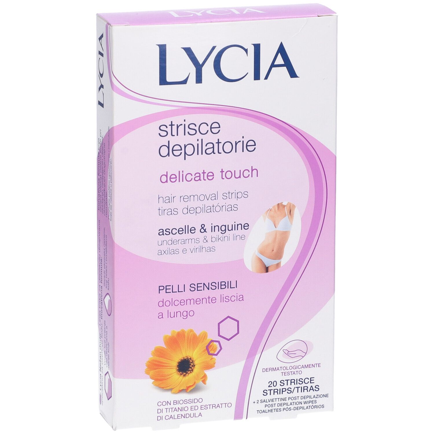 Confezione di strisce depilatorie LYCIA, 'delicate touch', per ascelle e inguine. 20 strisce. Testato dermatologicamente.