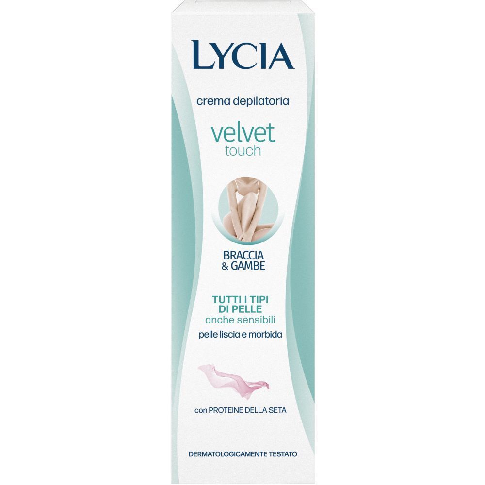 Confezione LYCIA. Crema depilatoria velvet touch per braccia e gambe. Per tutti i tipi di pelle, anche sensibili. Con proteine della seta. Testato dermatologicamente.