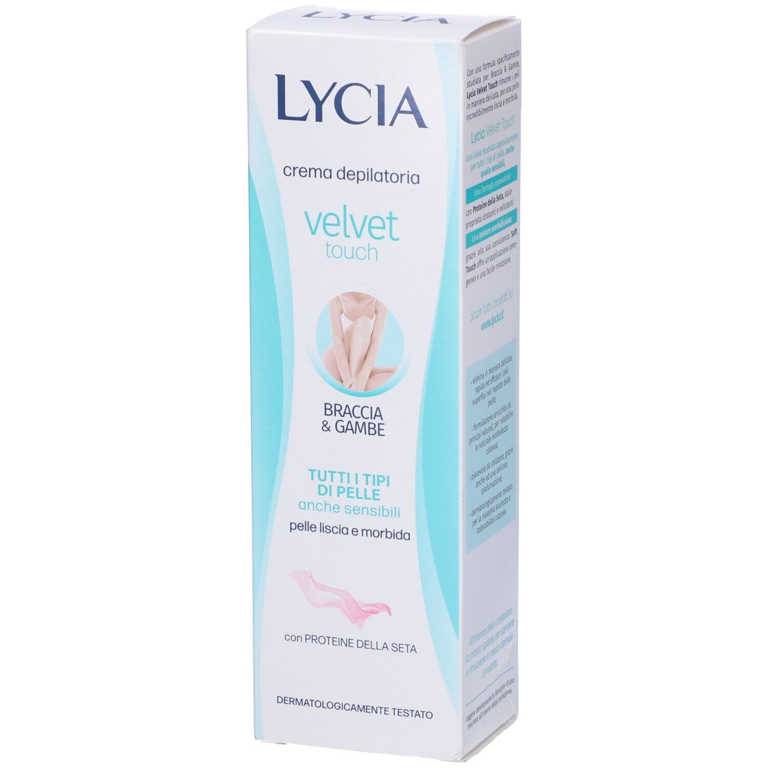 Confezione di Lycia Crema Depilatoria Velvet Touch Braccia&Gambe. Bianca, informazioni prodotto e logo.