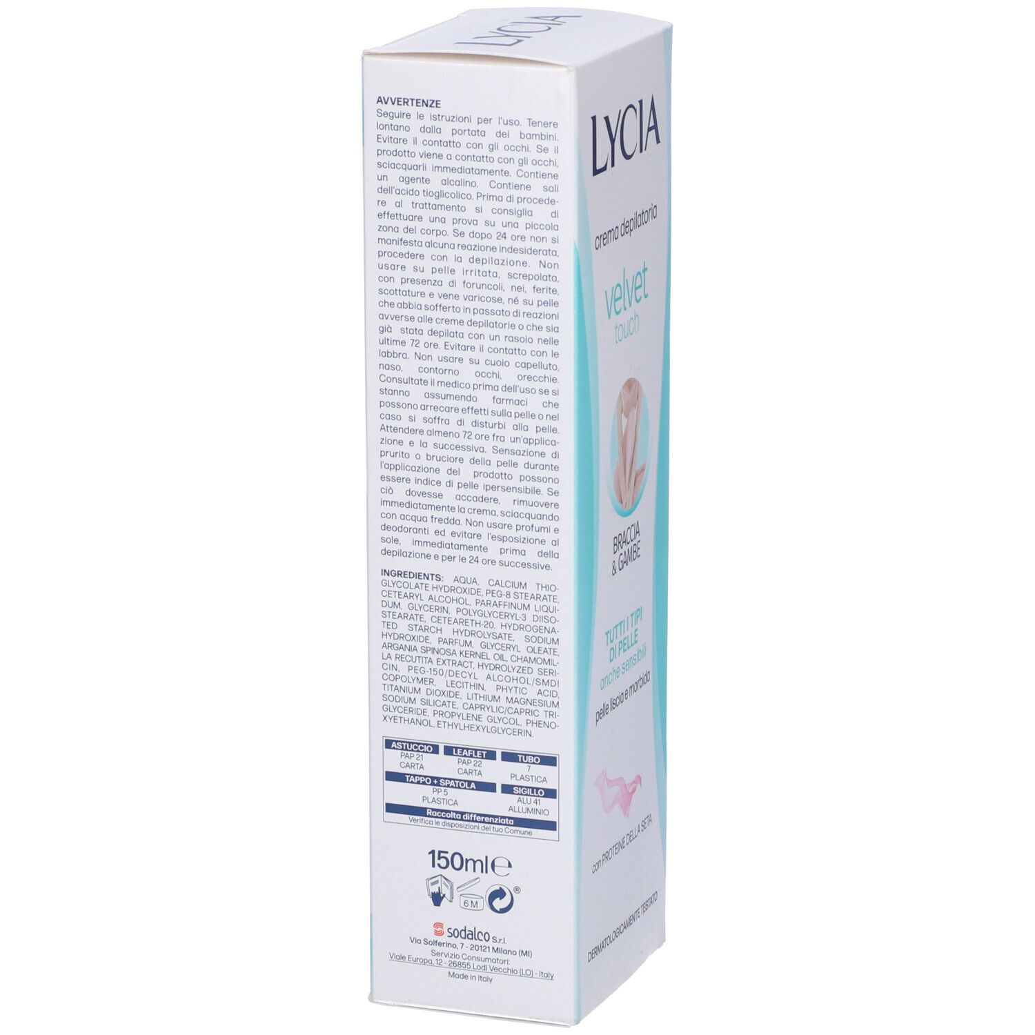 Retro confezione Lycia Crema Depilatoria. Contiene ingredienti, avvertenze e volume.