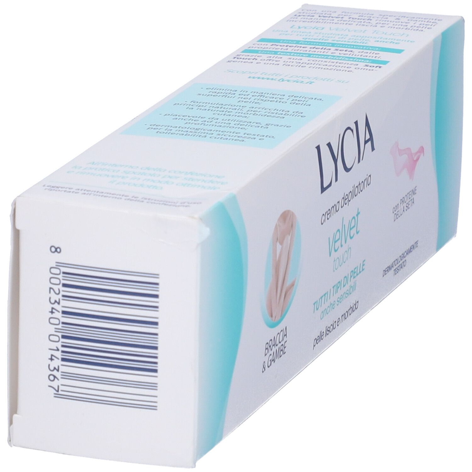 Confezione Lycia Crema Depilatoria Velvet Touch Braccia&Gambe. Vista obliqua, informazioni prodotto.
