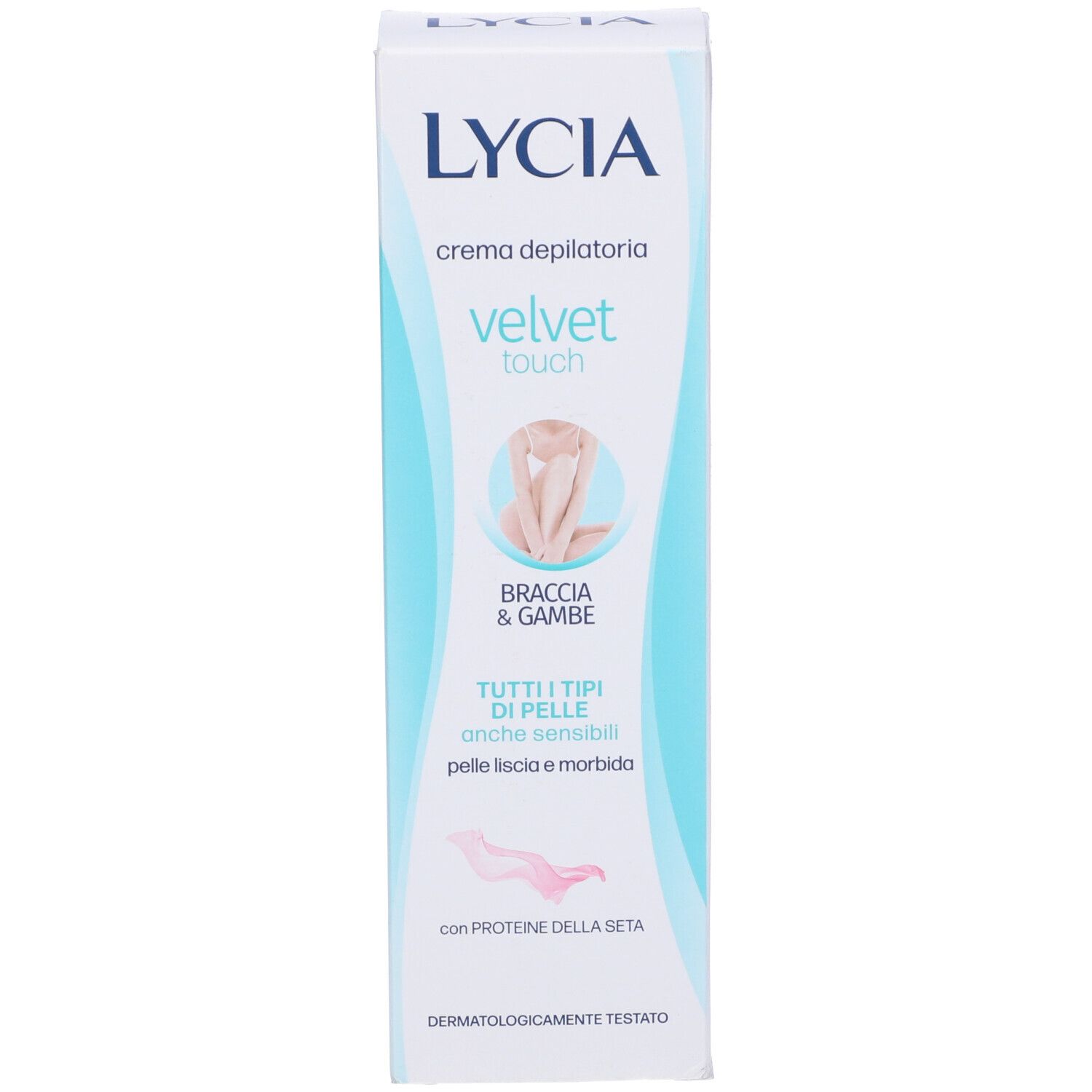 Confezione di Lycia Crema Depilatoria Velvet Touch Braccia&Gambe. Bianca, informazioni prodotto e logo.