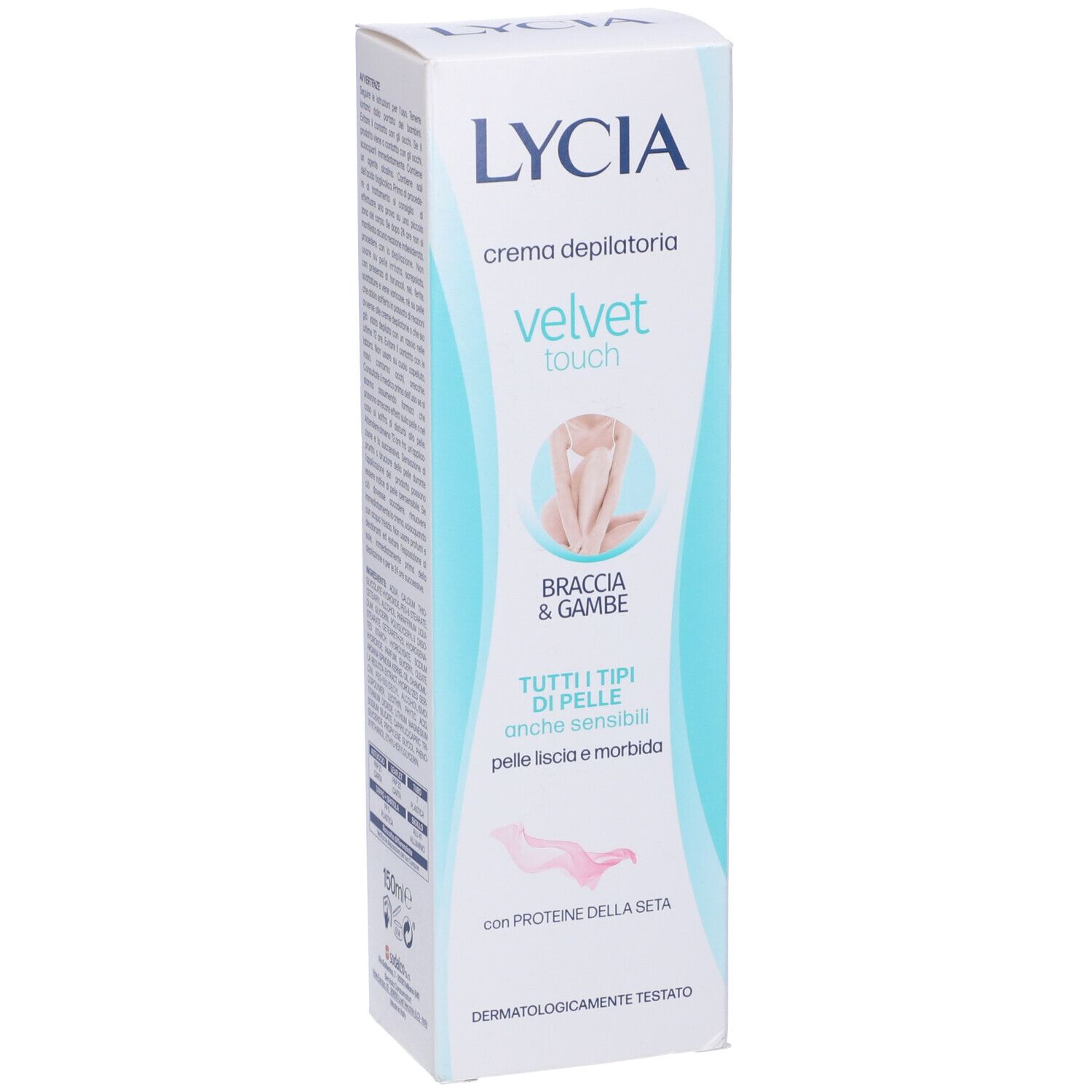 Confezione di Lycia Crema Depilatoria Velvet Touch Braccia&Gambe. Bianca, informazioni prodotto e logo.