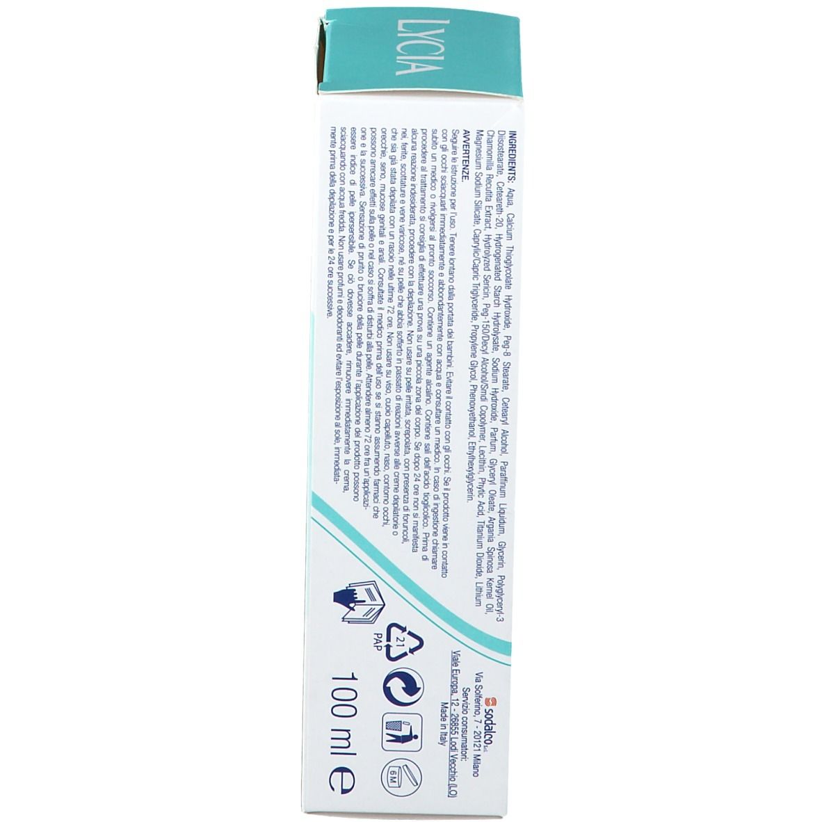 Rückseite der Verpackung der Haarentfernungscreme. Inhaltsstoffe, Warnhinweise und Recycling-Symbole. 100 ml.