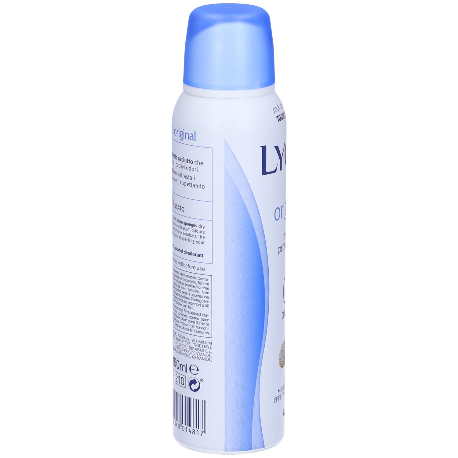 Lycia Original Aerosol-Deodorant, 50ml, weiße Dose mit blauem Deckel.