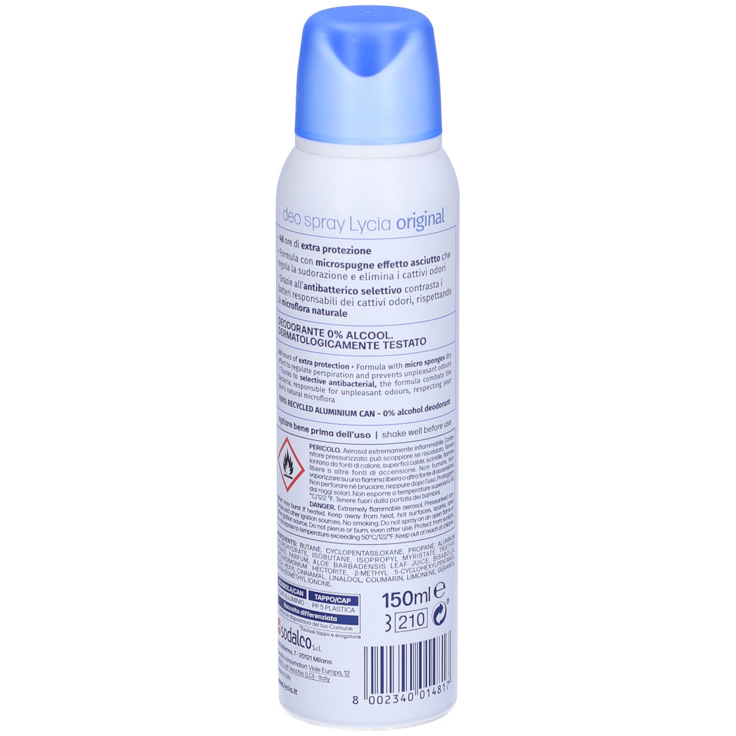 Lycia Deo Spray Original in weißer Dose mit blauem Deckel, 150ml.