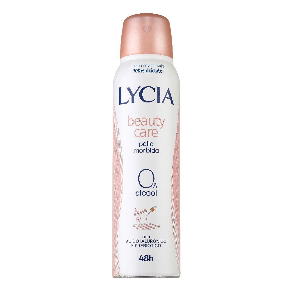 Spray bianco con tappo rosa. Scritte: LYCIA, beauty care, pelle morbida, 0% alcool, con acido ialuronico e prebiotico, 48h.