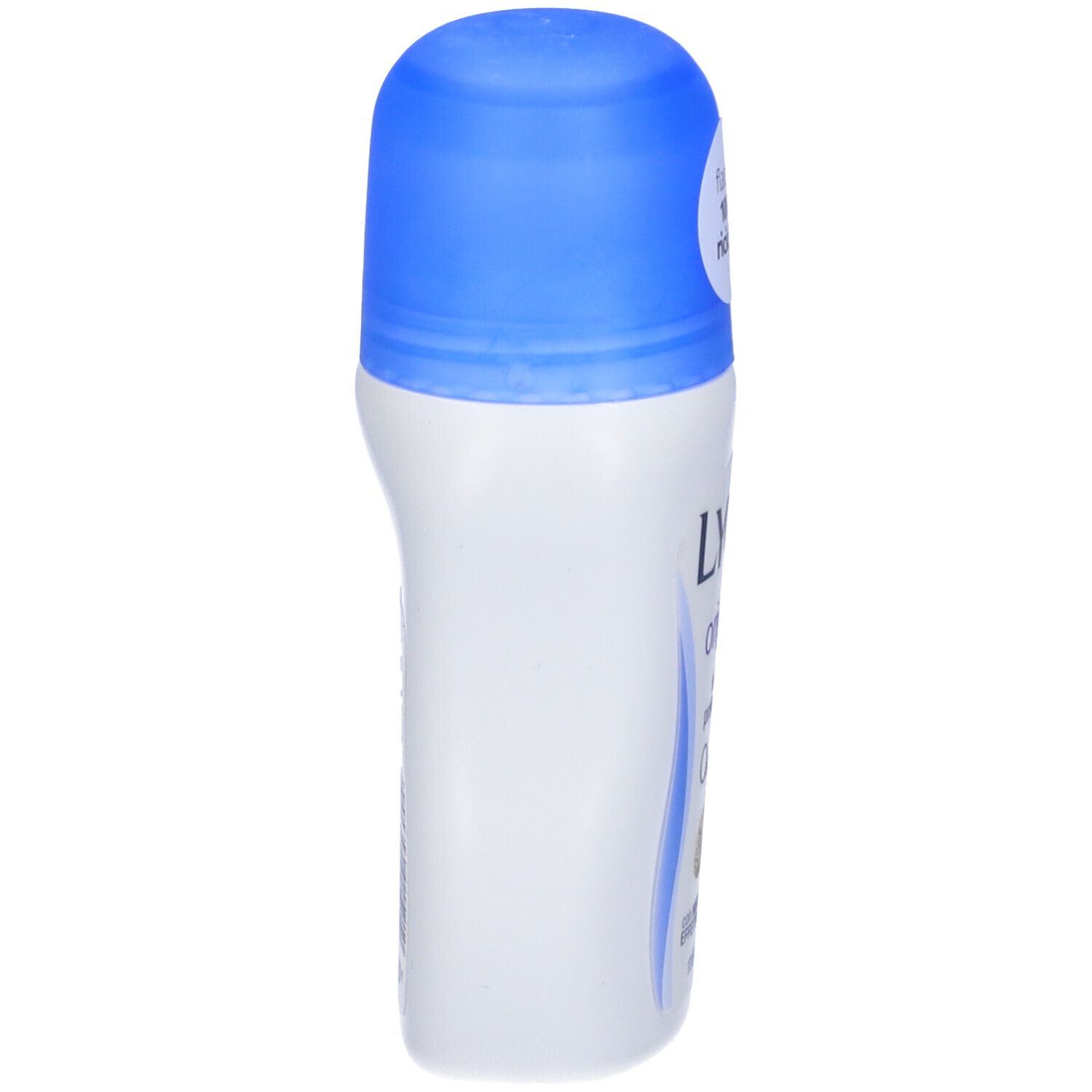 Weiße Roll-on Deodorantflasche mit blauem Deckel. Sichtbarer Text: LY.