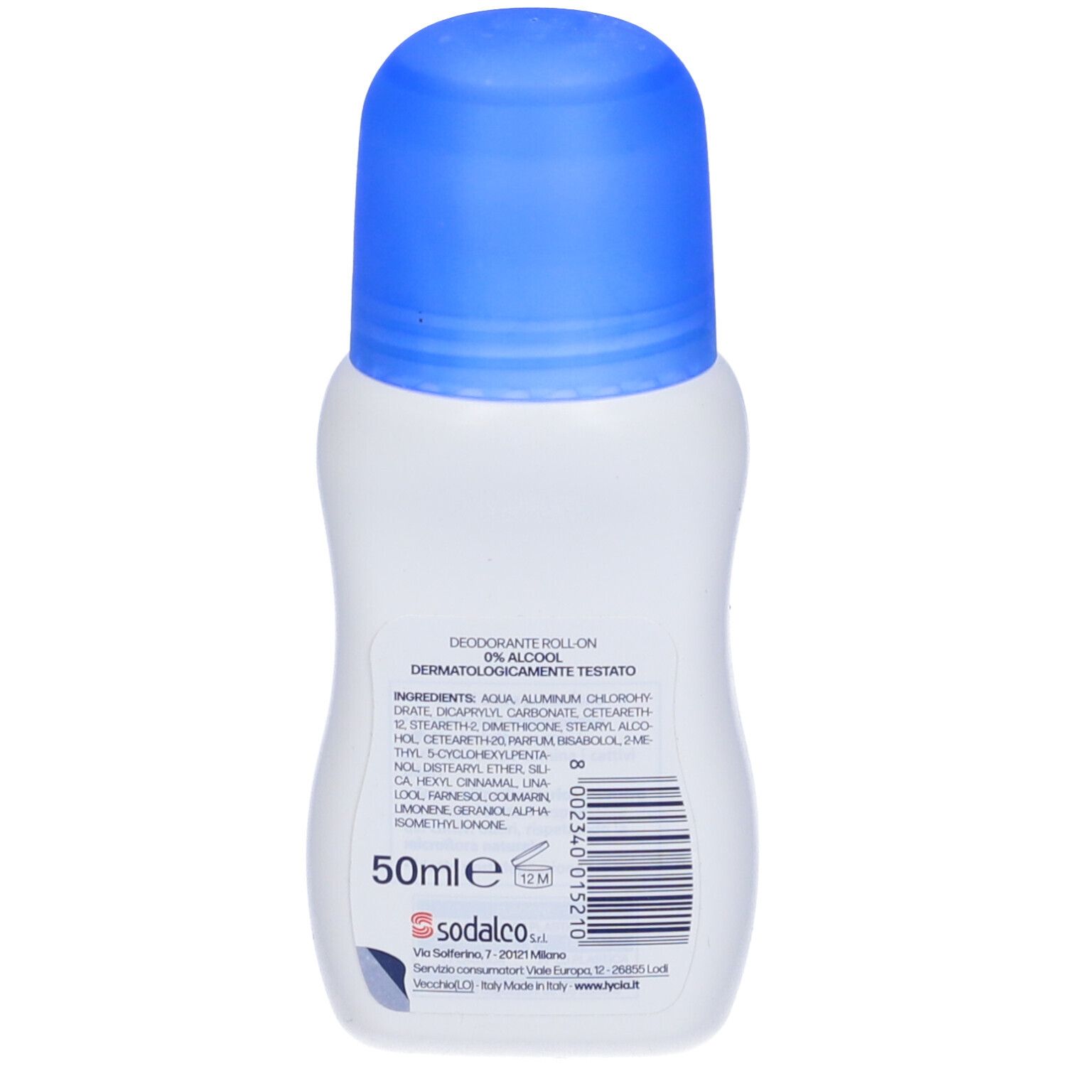 Weiße Roll-on-Deodorantflasche mit blauem Deckel. 50ml. Marke: sodalco.