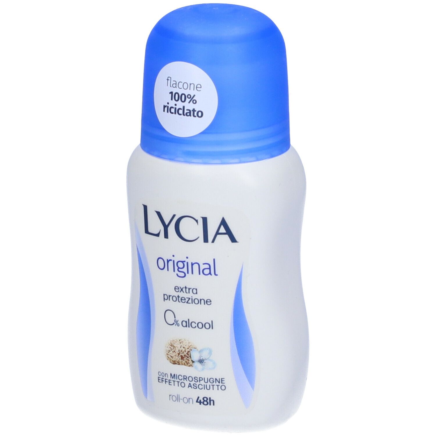 Lycia Original Roll-On Deodorant mit blauem Verschluss. Flakon 100% recycelt. Extra Schutz, 48h.