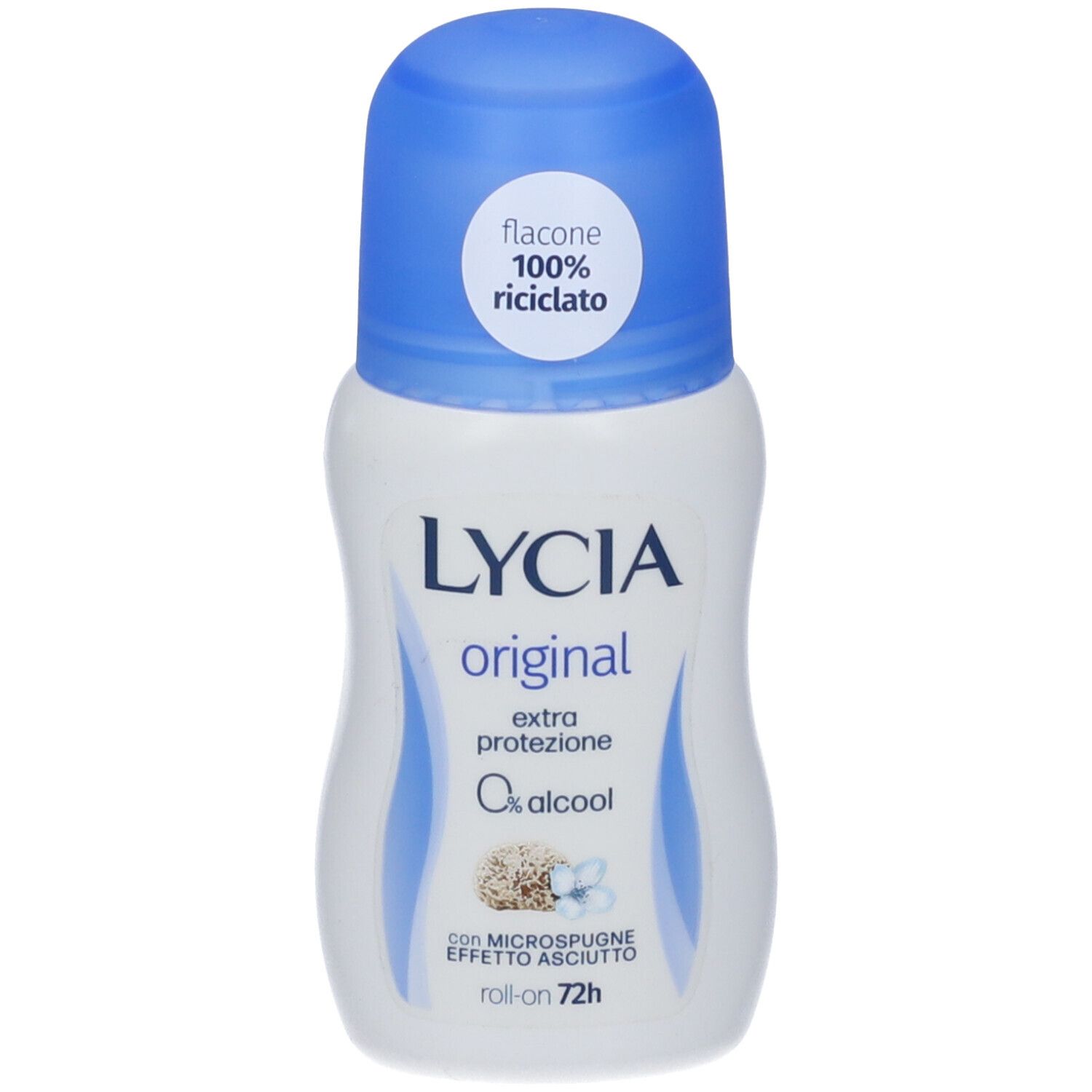 Flacone roll-on bianco e blu. Scritta: Lycia original, extra protezione, 0% alcool. Con microspugne.