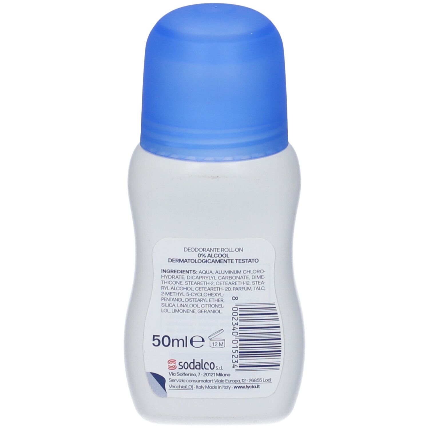 Retro di un flacone roll-on. Scritta: Deodorante Roll On, 0% alcool, dermatologicamente testato. Ingredienti.