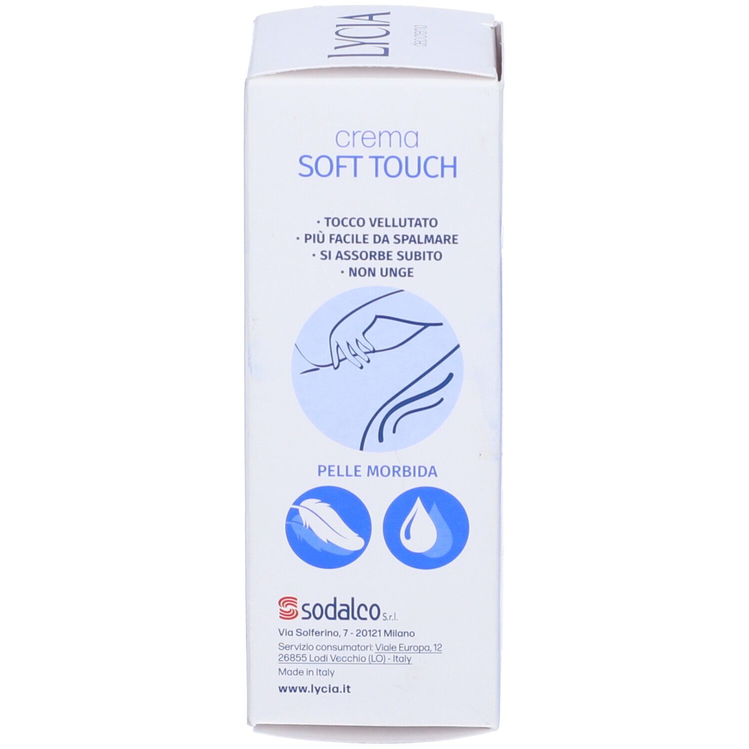 Verpackung für Lycia Soft Touch Creme mit Hinweisen zu samtiger Textur und schneller Absorption.