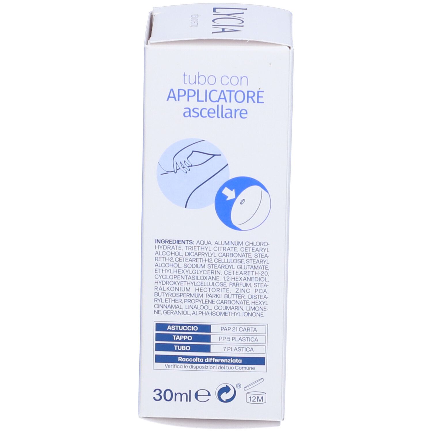 Kartonverpackung mit Informationen und Abbildung eines Tubus mit Achselapplikator.