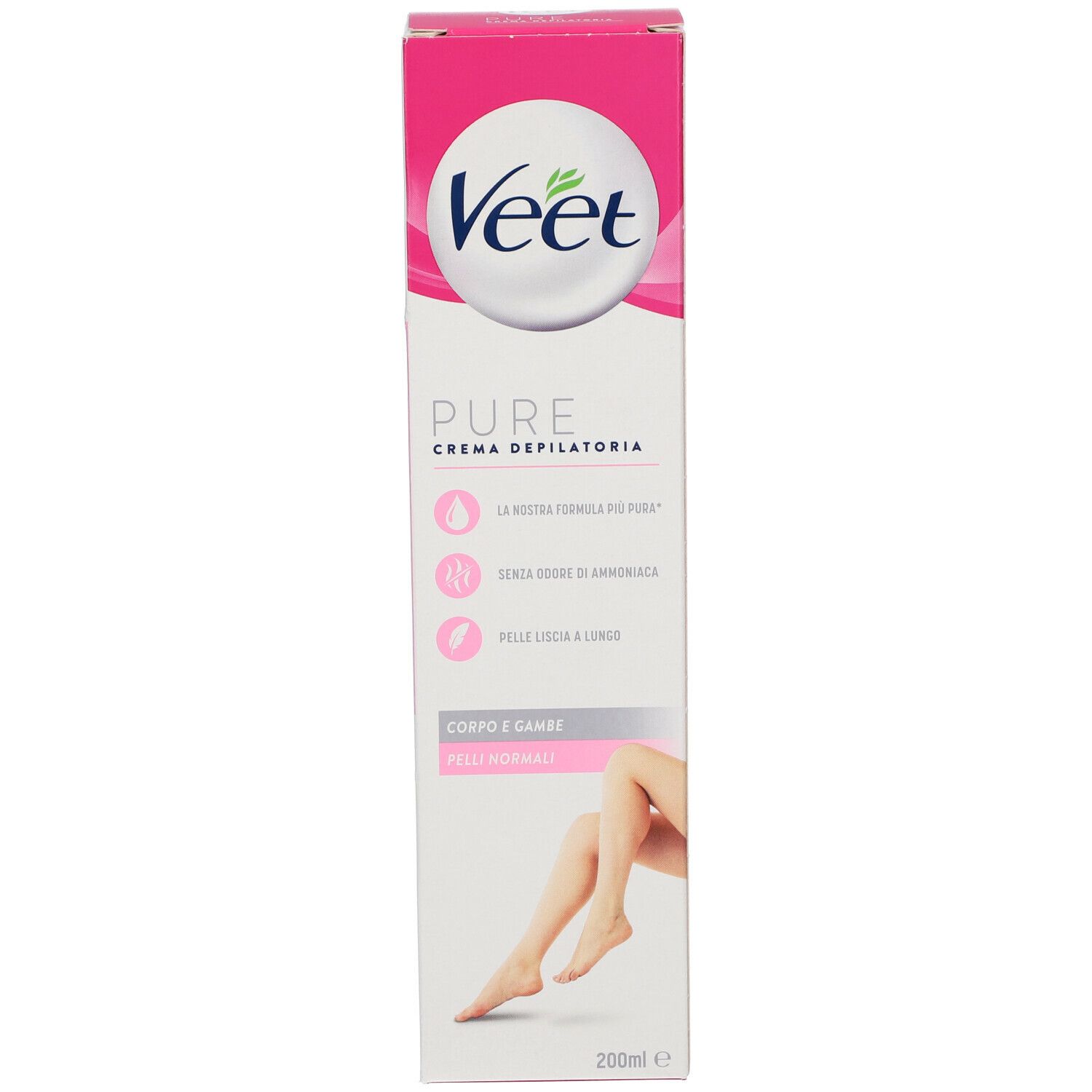 Confezione di crema depilatoria Veet Pure. Design rosa e bianco. Nome del prodotto e loghi visibili. Per pelli normali.