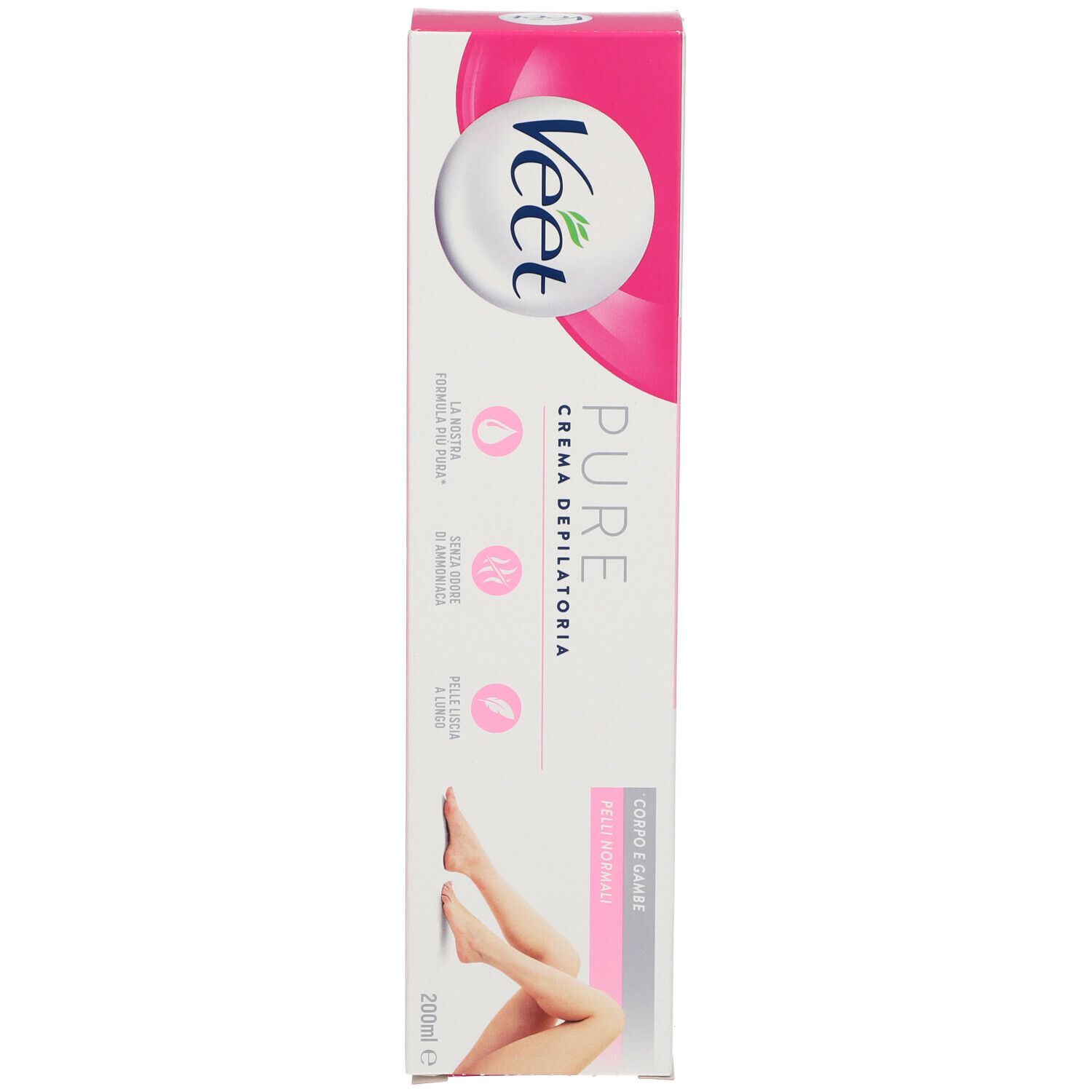 Confezione di crema depilatoria Veet Pure. Design rosa e bianco. Nome del prodotto e loghi visibili. Per pelli normali.