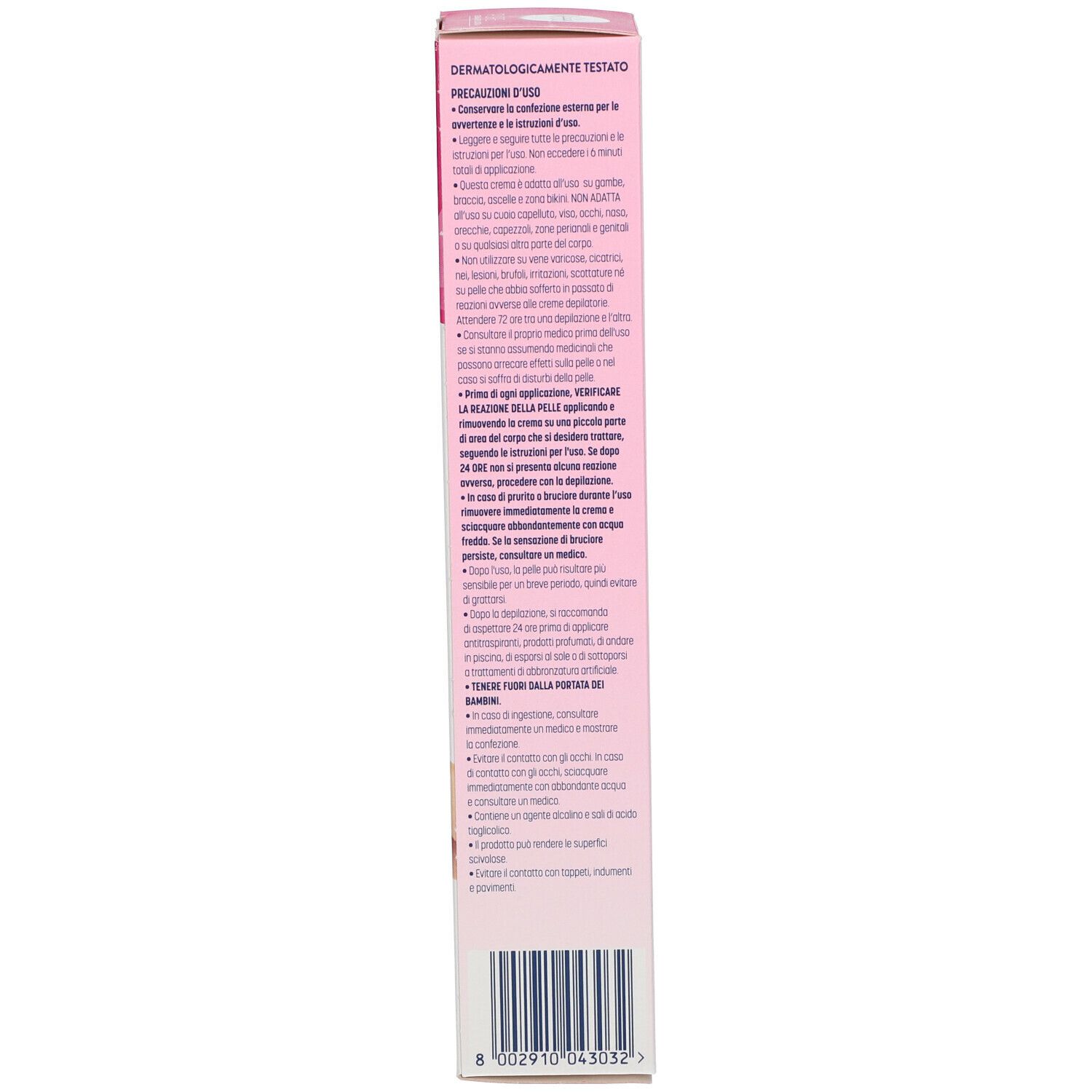 Retro della confezione di crema depilatoria Veet Pure. Informazioni testuali e loghi su sfondo bianco.