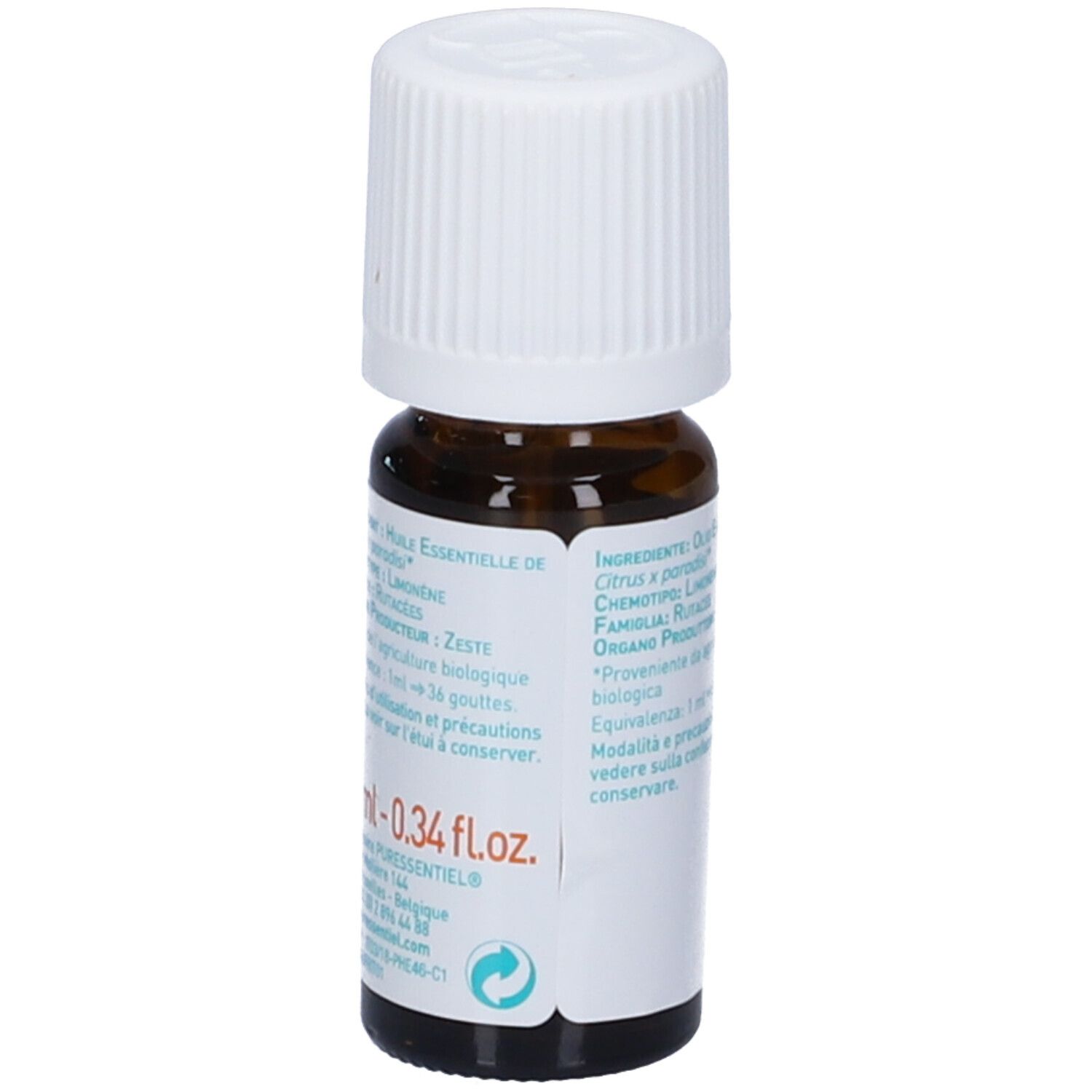 Braune Glasflasche mit weißem Schraubverschluss, 10 ml / 0.34 fl.oz. Etikett mit Produktinformationen.