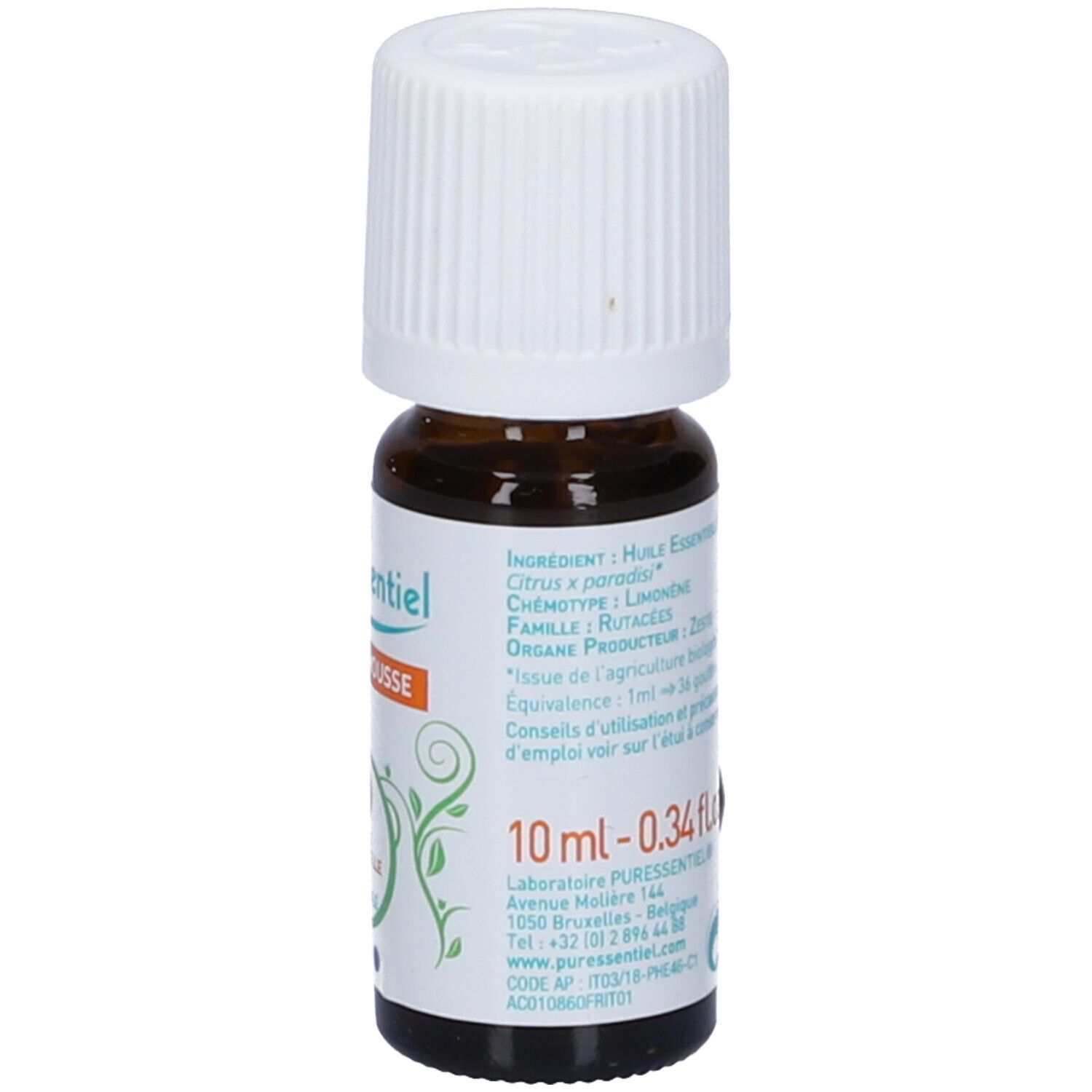 Braune Glasflasche mit weißem Schraubverschluss, 10 ml. Etikett mit Produktinformationen und botanischen Verzierungen.