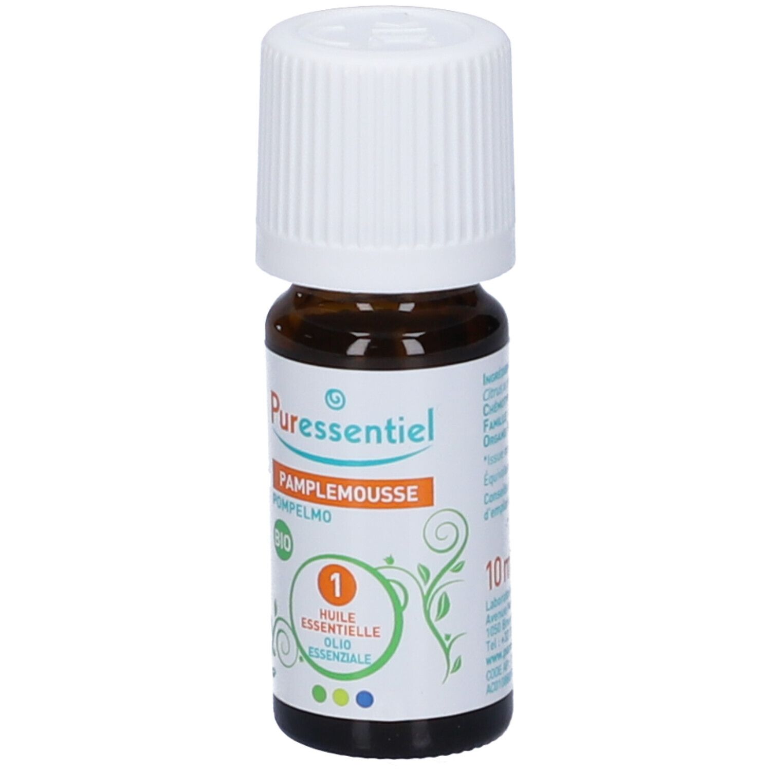 Braune Glasflasche mit weißem Schraubverschluss, enthält 10ml Grapefruit Bio ätherisches Öl.