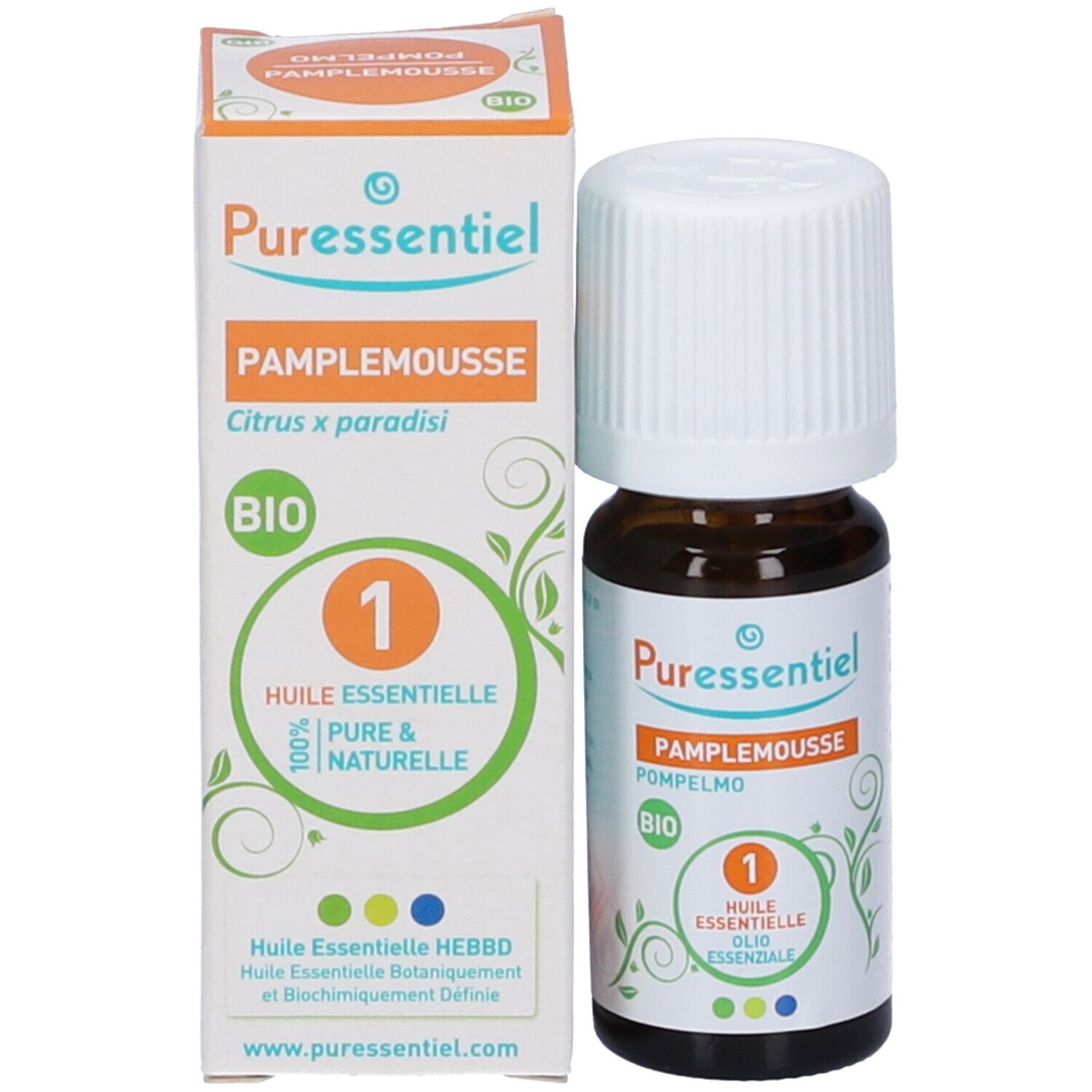 Puressentiel Grapefruit ätherisches Öl, BIO, 100% rein & natürlich. Braune Glasflasche mit weißem Schraubverschluss.