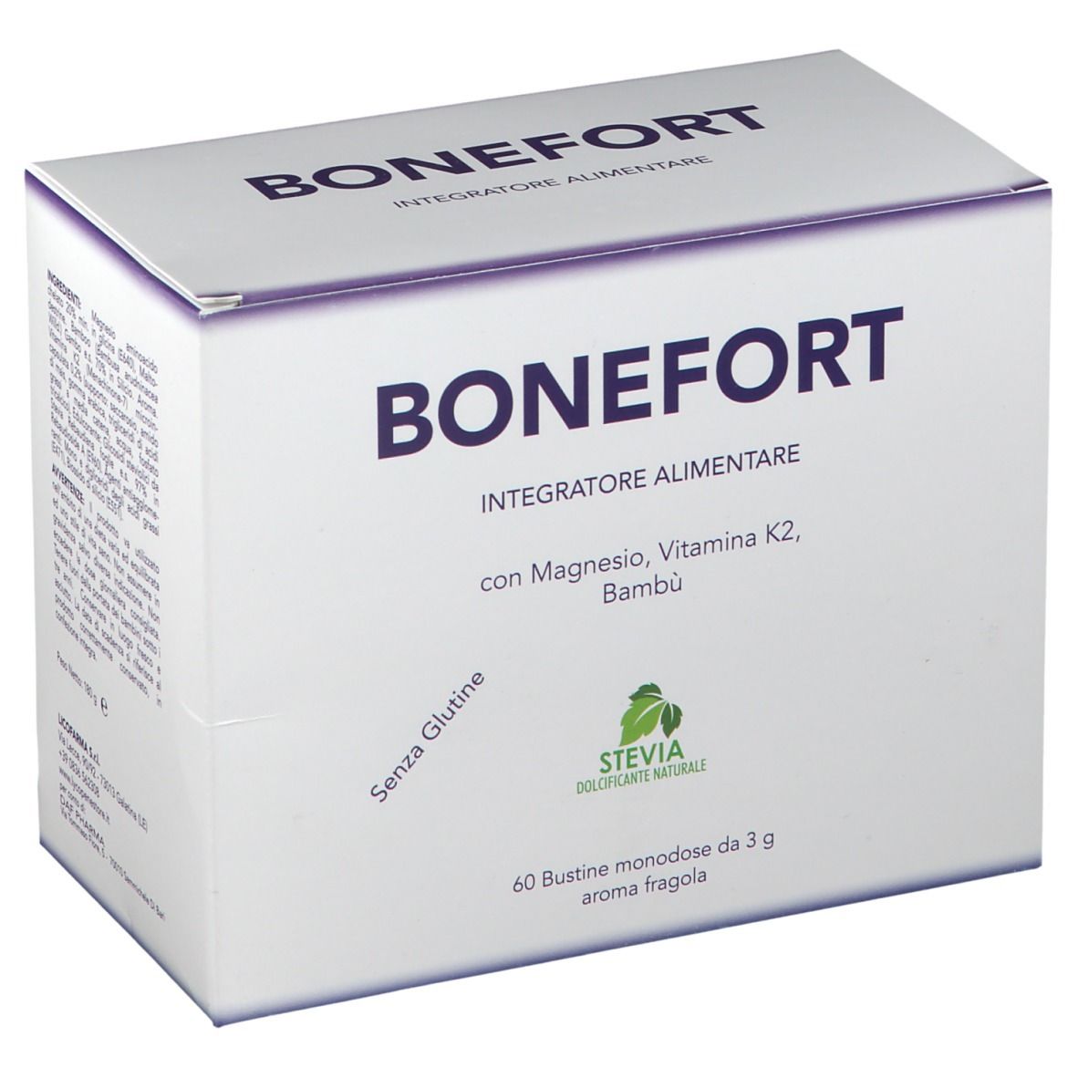 Weiße Kartonverpackung mit dem Produktnamen BONEFORT. Enthält 60 Einzelportionen. Aufschrift: Integratore Alimentare, con Magnesio, Vitamina K2, Bambù.
