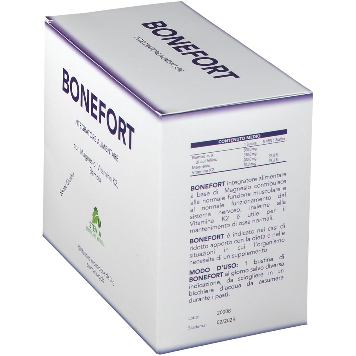 Kartonverpackung BONEFORT, mit Inhaltsangaben und Anwendungshinweisen. Enthält Magnesium, Vitamin K2 und Bambus. 60 Einzelportionen.