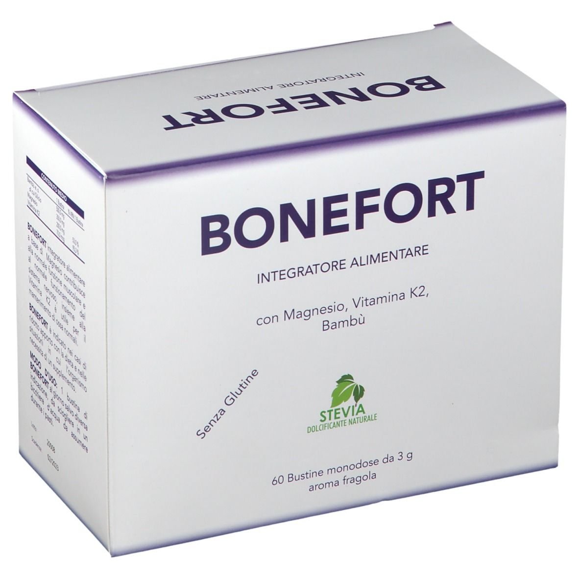 Kartonverpackung BONEFORT, mit Inhaltsangaben und Anwendungshinweisen. Enthält Magnesium, Vitamin K2 und Bambus. 60 Einzelportionen.