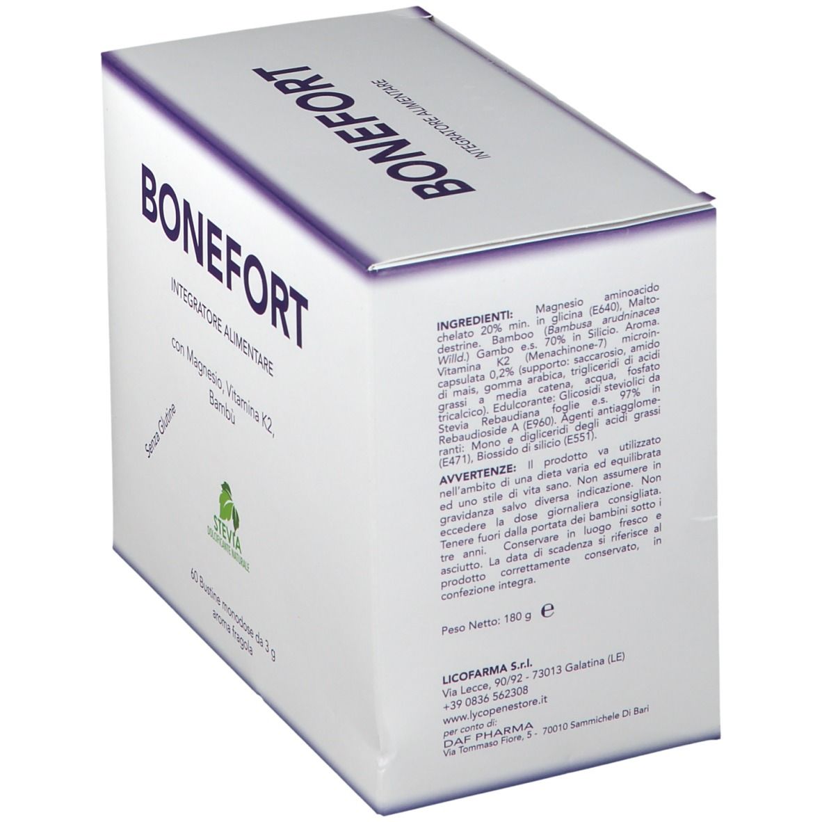 Kartonverpackung BONEFORT, mit Inhaltsangaben und Anwendungshinweisen. Enthält Magnesium, Vitamin K2 und Bambus. 60 Einzelportionen.