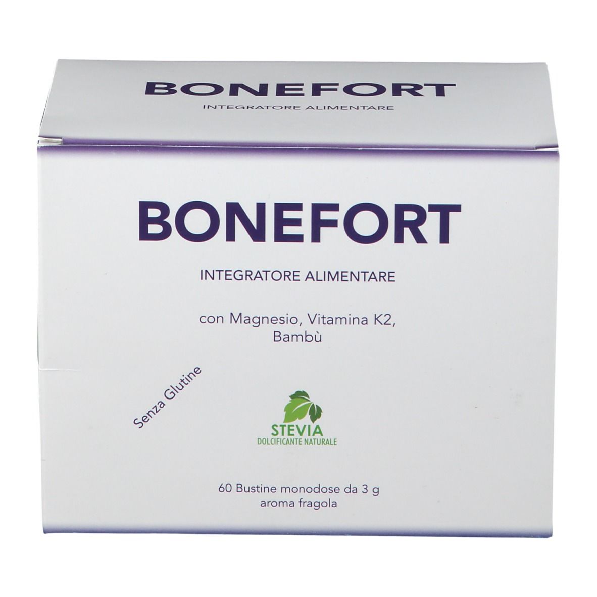 Weiße Kartonverpackung mit dem Produktnamen BONEFORT. Enthält 60 Einzelportionen. Aufschrift: Integratore Alimentare, con Magnesio, Vitamina K2, Bambù.
