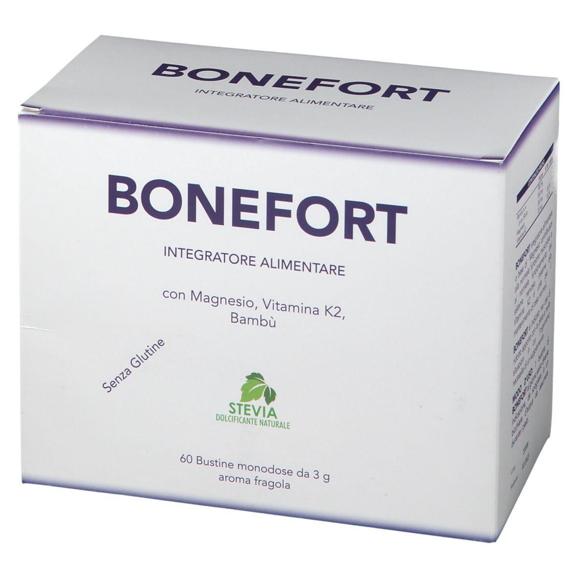 Weiße Kartonverpackung mit dem Produktnamen BONEFORT. Enthält 60 Einzelportionen. Aufschrift: Integratore Alimentare, con Magnesio, Vitamina K2, Bambù.