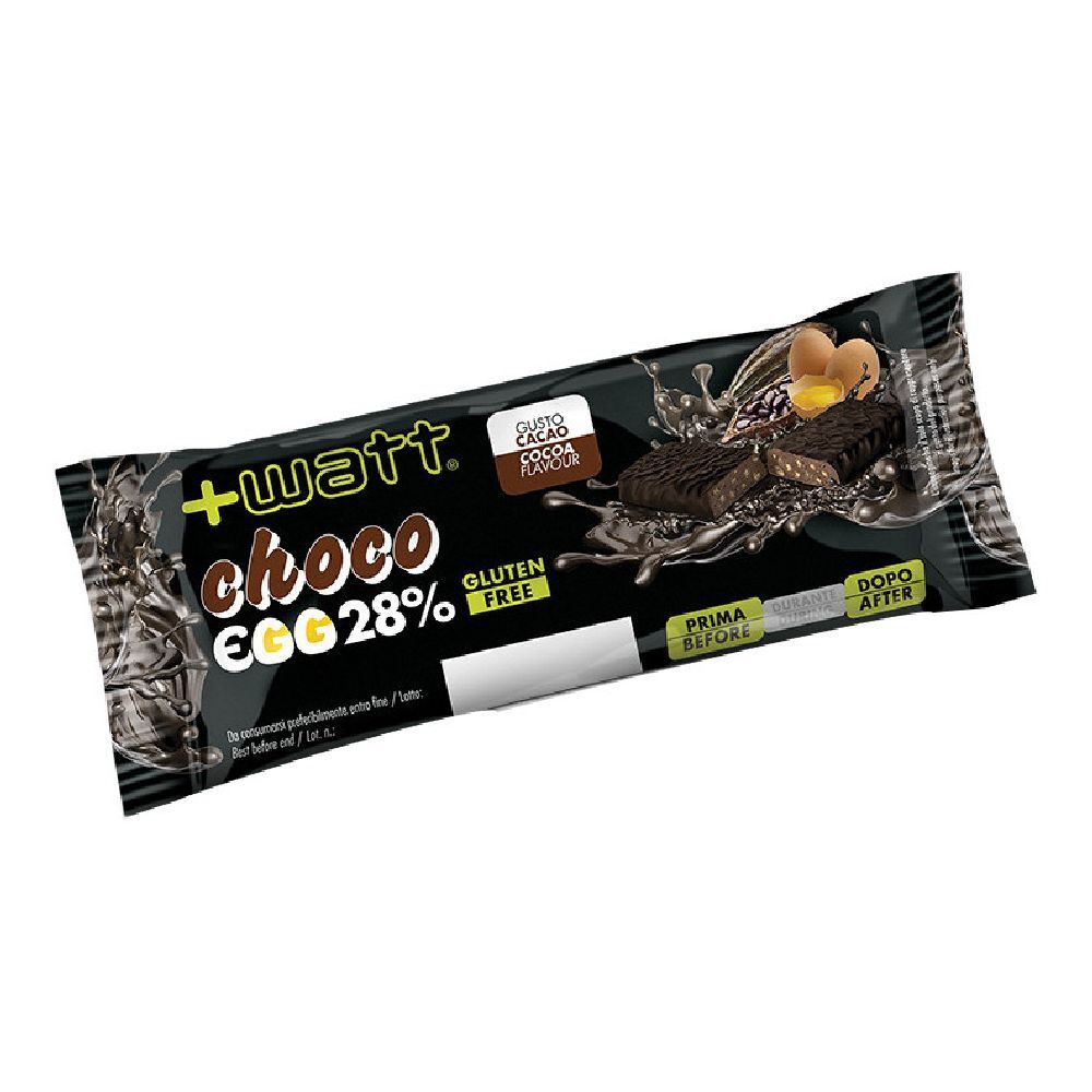 Confezione di barretta al cioccolato. Scritta: +watt choco egg 28% Cacao. Senza glutine. Immagine del prodotto.