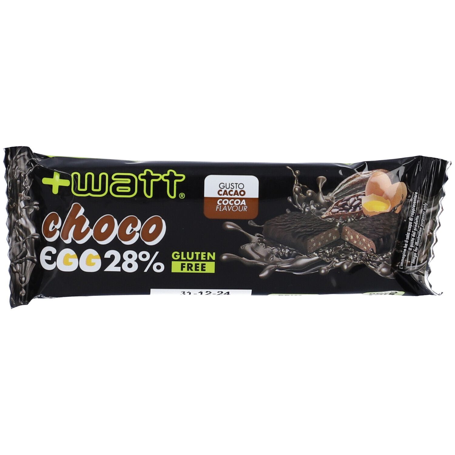 Confezione di barretta al cioccolato. Scritta: +watt choco egg 28% Cacao. Senza glutine. Immagine del prodotto.