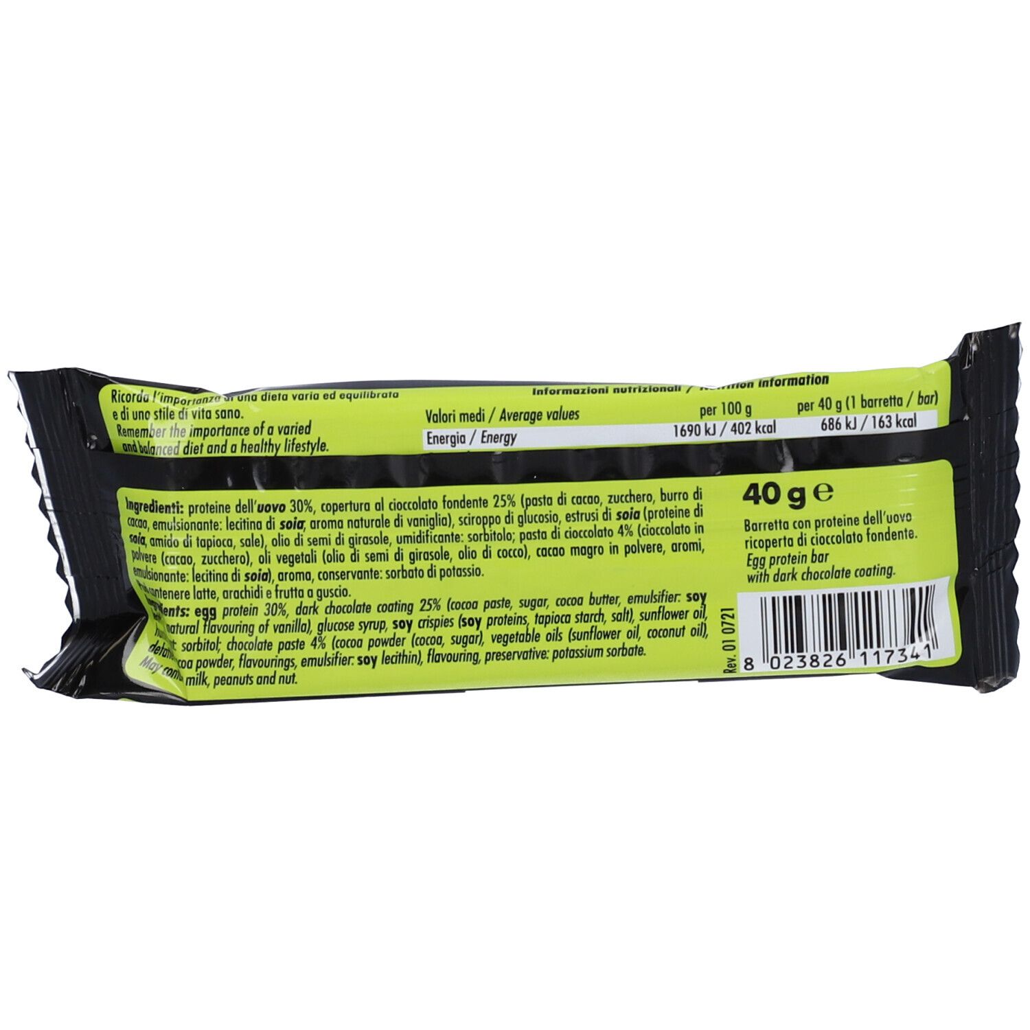 Retro della confezione con informazioni nutrizionali ed elenco ingredienti. Scritta: 40 g.