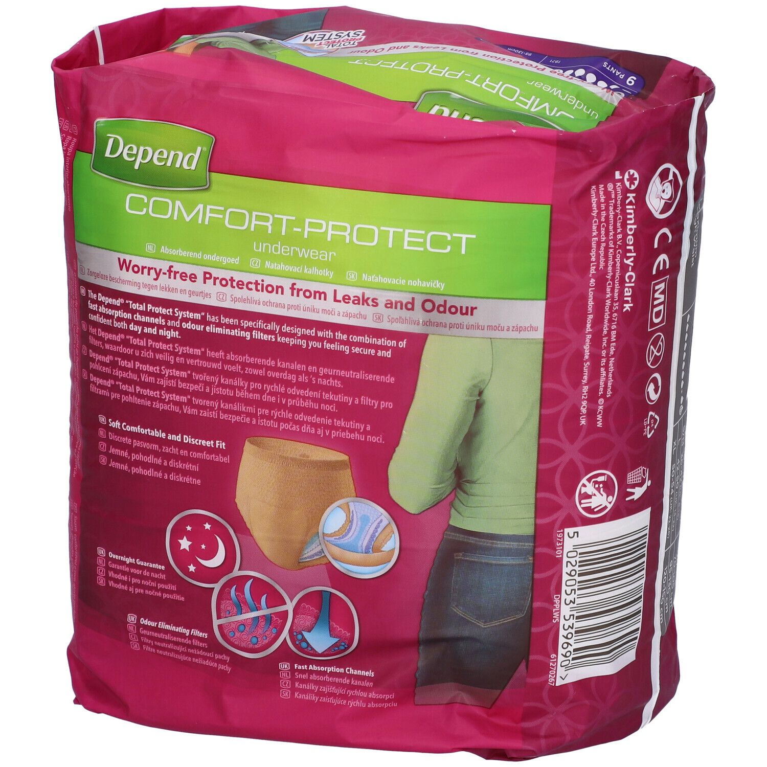 Confezione di Depend Comfort-Protect. Confezione rosa con immagine del prodotto e testo. Logo Kimberly-Clark.